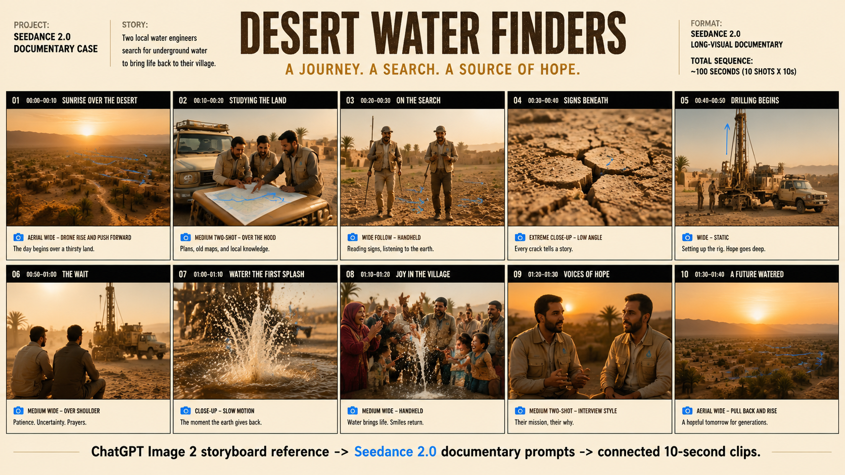 Desert Water Finders ChatGPT Image 2 storyboard for Seedance 2.0