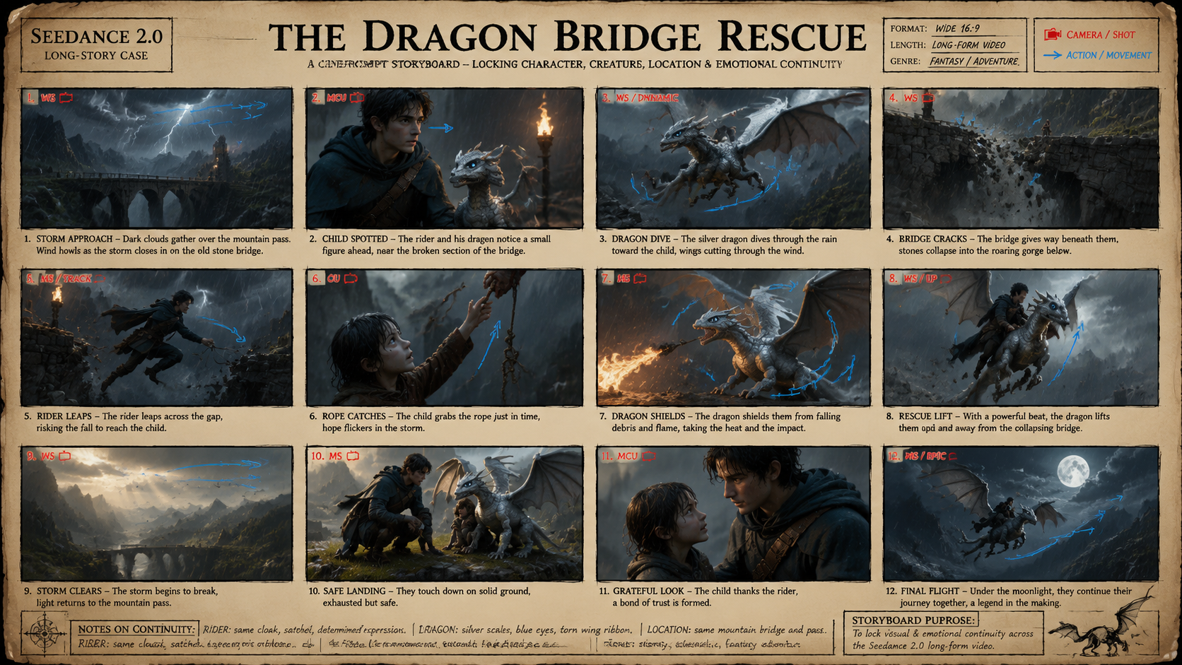 The Dragon Bridge Rescue ChatGPT Image 2 storyboard for Seedance 2.0