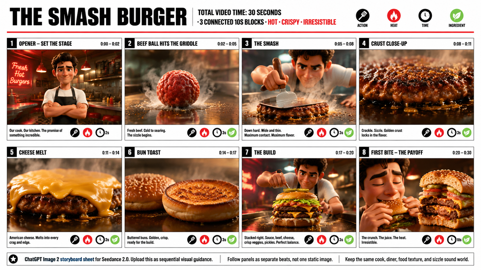 Smash Burger Ad ChatGPT Image 2 storyboard for Seedance 2.0