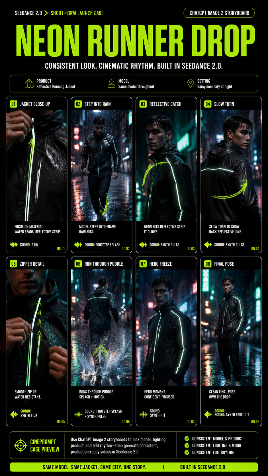 Neon Runner Drop ChatGPT Image 2 storyboard for Seedance 2.0